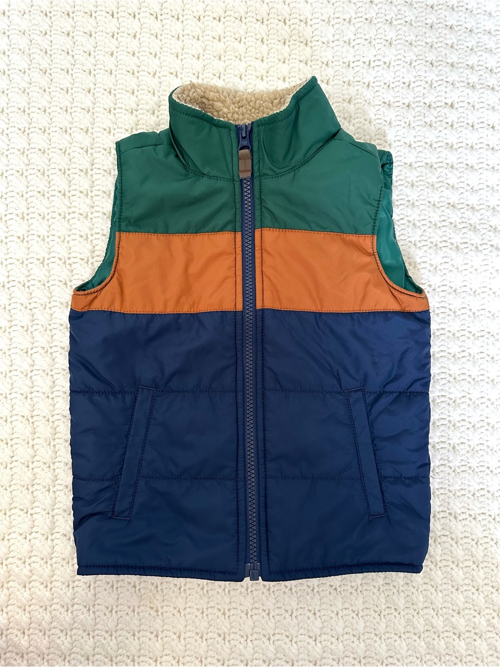 Carter's Toddler 3T Colorblock Sherpa-Lined Puffer Vest 90s Green Orange Blue